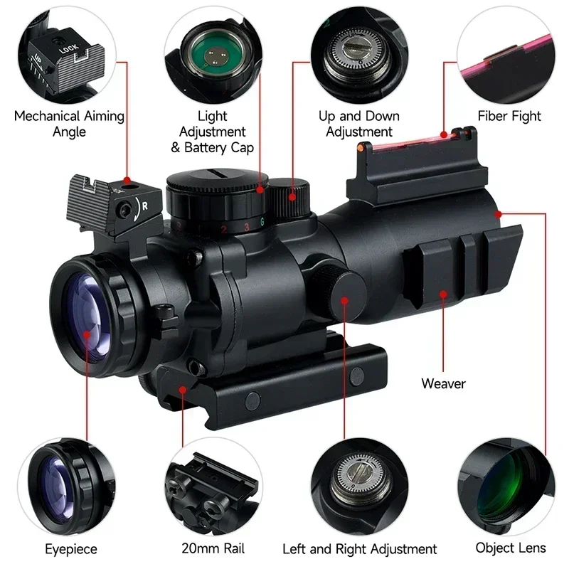 Tactics 4X32 Red Dot Sight Tri-Illuminated Reflex Sights Red Fiber Optic Rifle Scopes Crosshair Airsoft Hunting Scopes