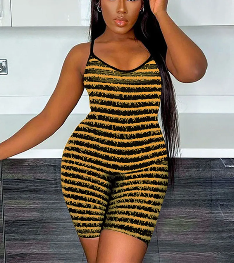

Summer Sexy Women's Texture Stripe Suspender Hip Lifting Jumpsuit Shorts Women's Sleeveless V-neck Red Yellow Slim Fit Jumpsuit
