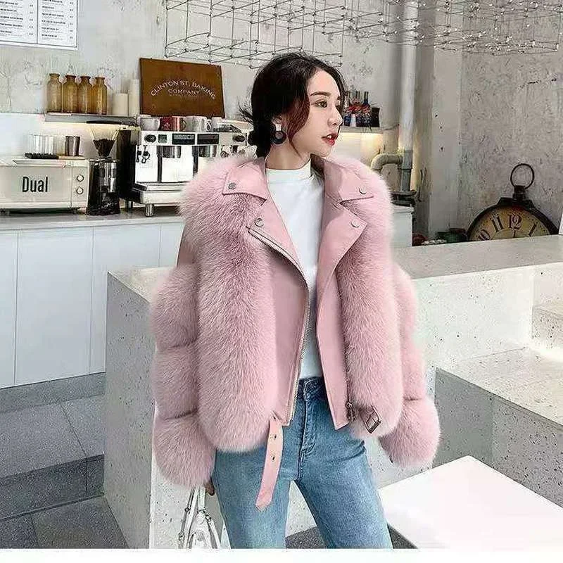 Fashionable warm short fox fur coat and sheepskin leather full fox fur motorcycle jacket luxury women's 2024 winter new