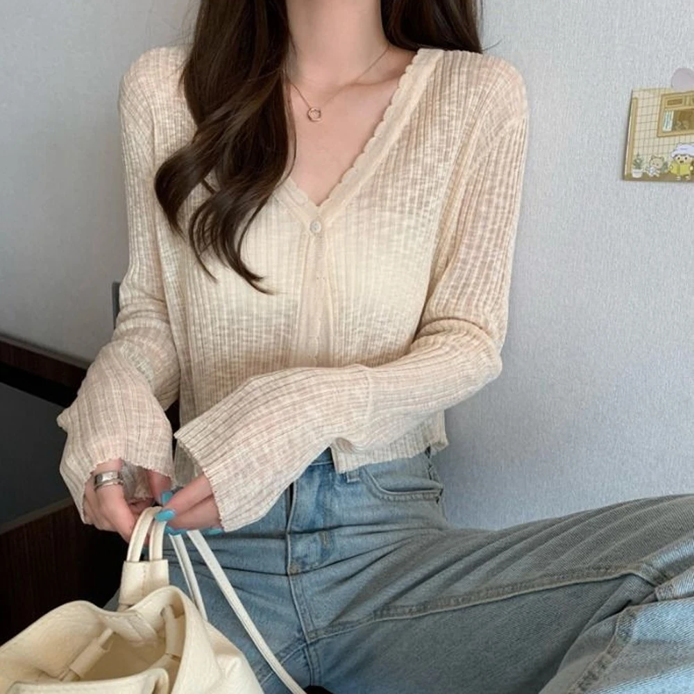Cardigan Shirt Women Crooped Tops Korean Long Sleeve Cardigan Summer V Neck Thin Knitted Sunscreen Shirt Sweater Blusas Mujer 2