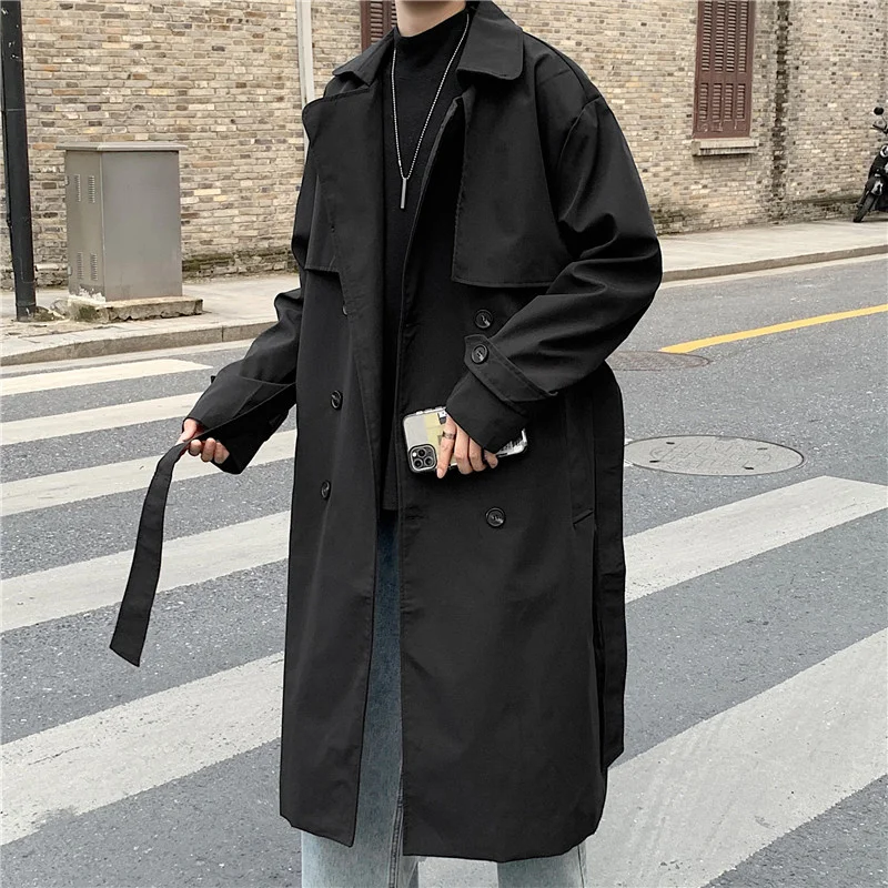 

Men's Autumn Winter Double-breasted Mid-length Windbreaker Over-the-knee Solid Color Buttons Cloak Loose Jacket Coat with Belt