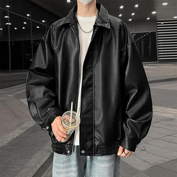 Giacca da uomo in pelle moda giovanile con cerniera casual Cappotto bomber in PU antivento impermeabile da moto nero 1