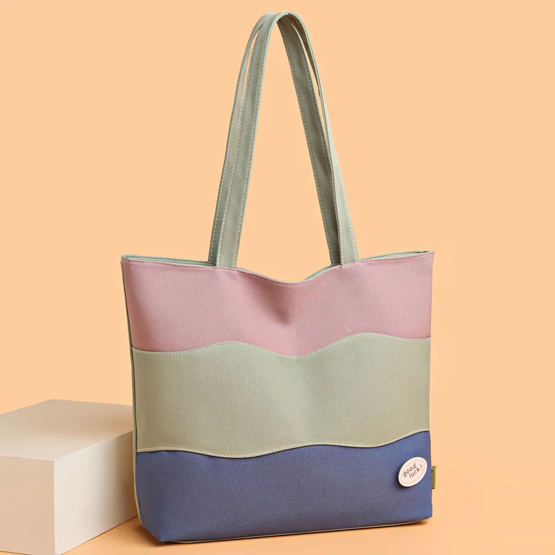 Large Capacity Women's Tote Bags Casual Shoulder Bag Color Matching Travel Zipper Shopping Bag