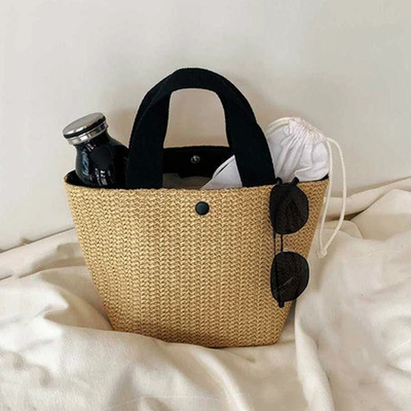 French Style Bucket Bag Fashion Straw Bag for Women Popular Beach Bag  Summer Woven Tote Ladies Cute Travel Clutch Crossbody Bag