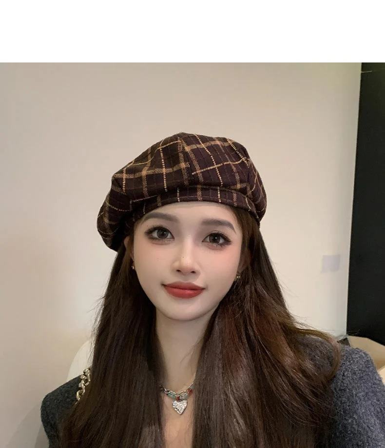 Plaid Beret Hat For Women British Retro Style Woolen Painter Cap_voghion.com