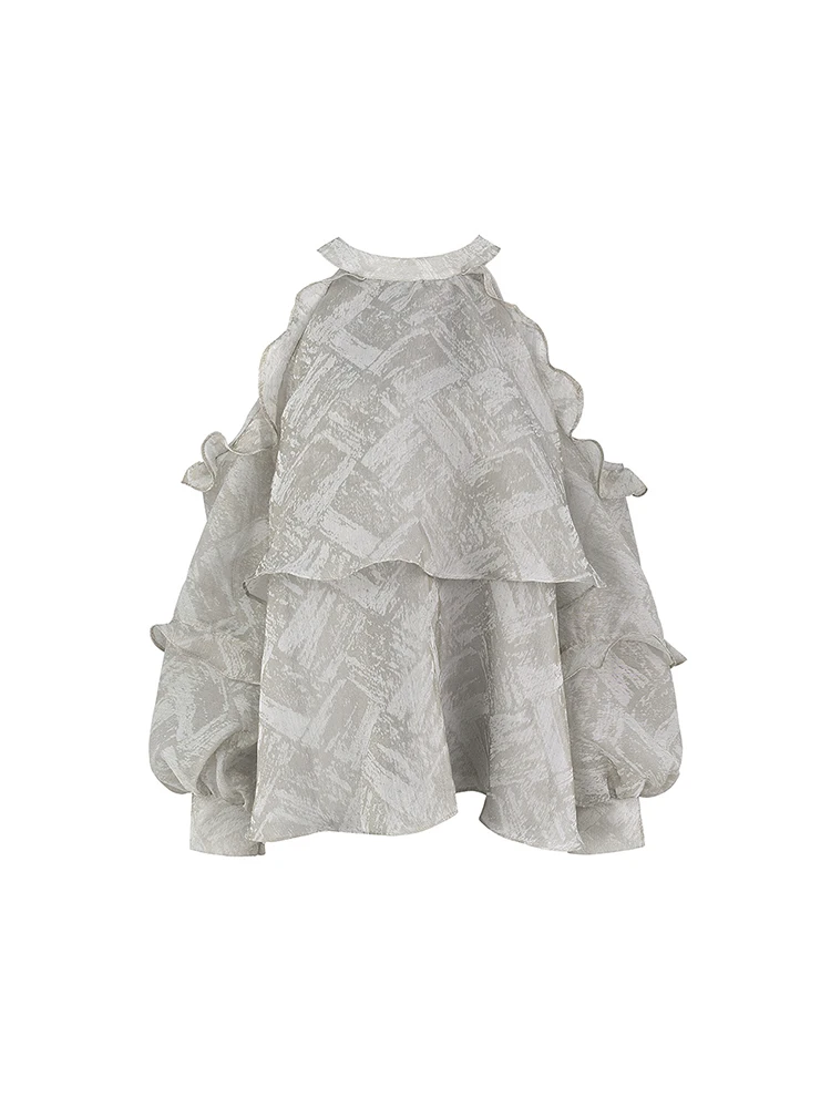 

Spring Summer Women Tierred Ruffle Design Shirt Halter Off Shoulder Print Clothes Lantern Sleeve Female Blouses Harajuku Chic