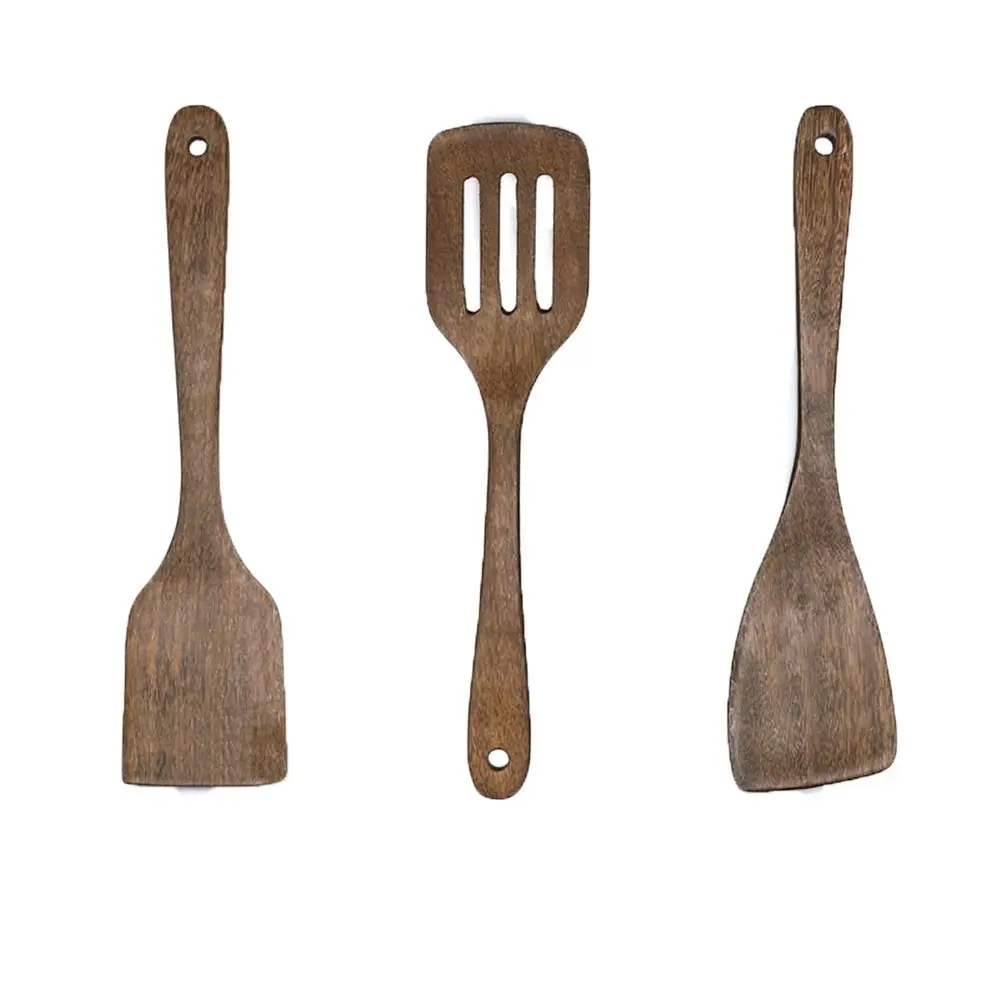 

3 Pcs Wood Wooden Utensils Easy To Use Hanging Hole Design Non-stick Cooking Spatula Long Handle Wooden Spatula Set Home