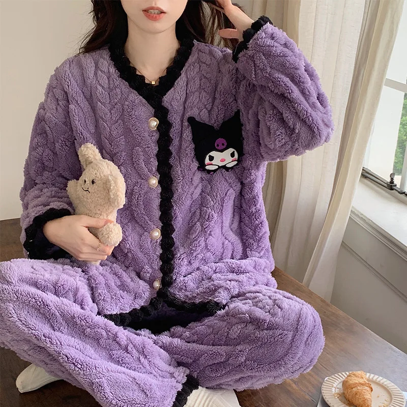 

Sanrioed Cute Cartoon Kuromi Pajamas Anime Cinnamoroll Plush Homewear Sleepwear Kawaii Autumn Winter Girl Melody Nightwear Set