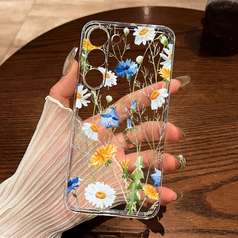 Coque de téléphone transparente avec motif de fleurs de marguerite et de cœurs, pour Samsung Galaxy A54 A14 A34 A24 A21S A53 A33 A73 A32 A20