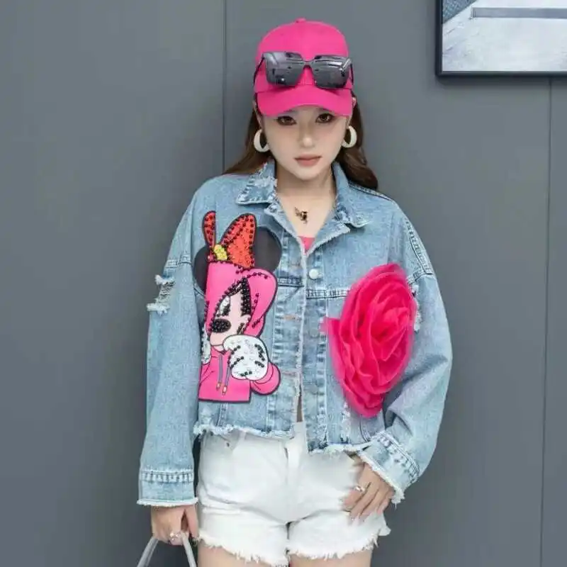 

Women Clothing Fashion Heavy Industry Beaded Cartoon Denim Jacket New Sweet Age-Reducing Streetwear Sequined Short Top Jaquetas