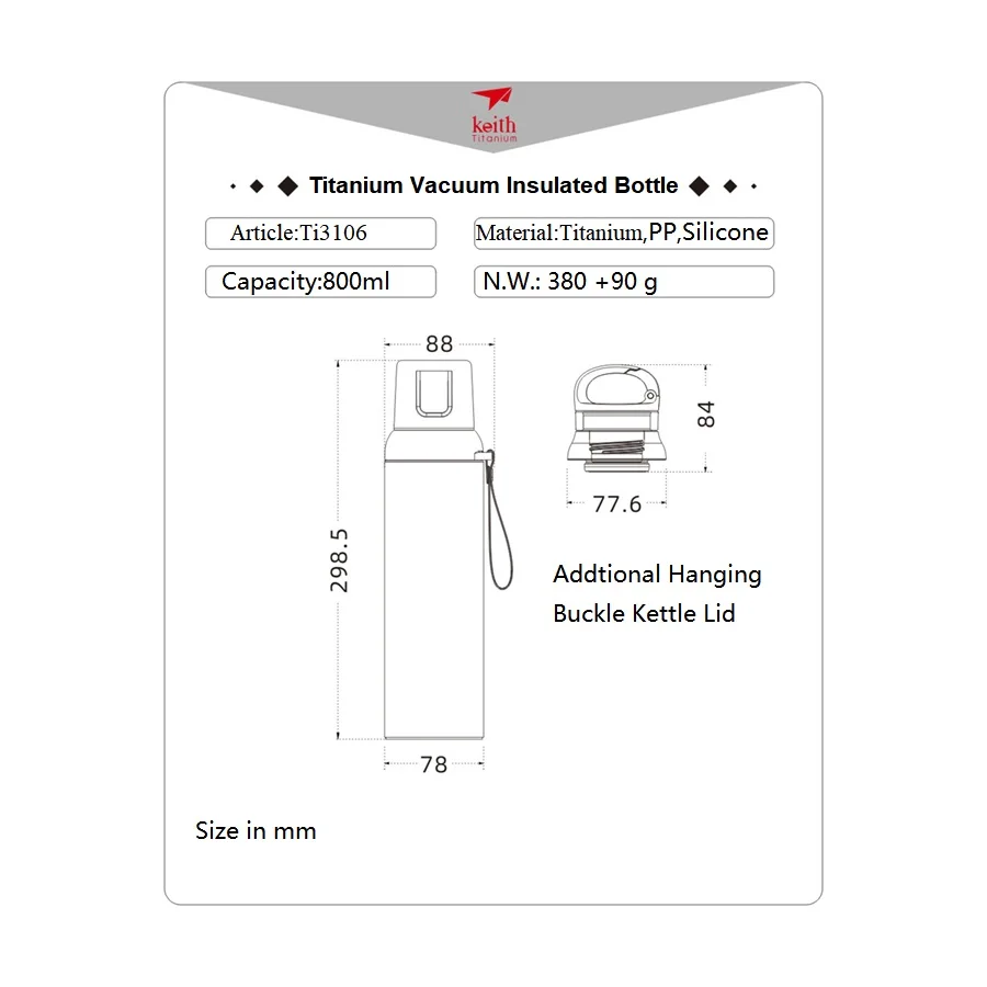 Keith Titanium Vacuum Insulated FlexLid Bottle for hiking, cycling-800ml Ti3106
