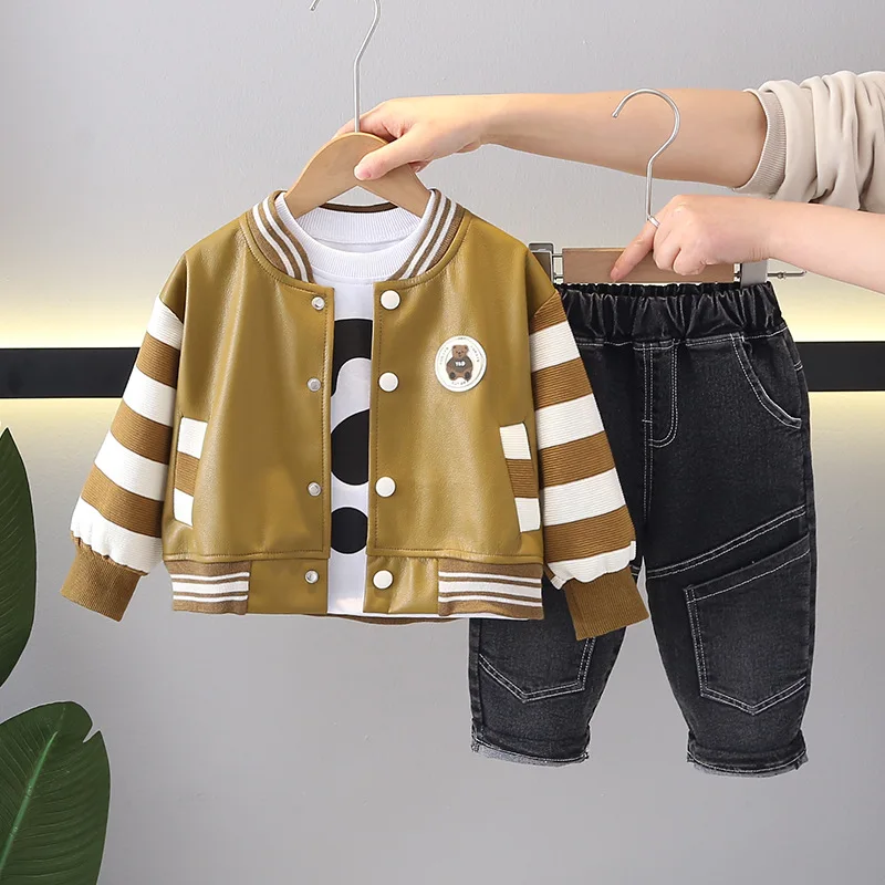 

Спортивный костюм для мальчиков 2-3 лет, повседневная куртка из искусственной кожи, футболка и штаны, комплект одежды для начинающих ходить детей, весна 2024