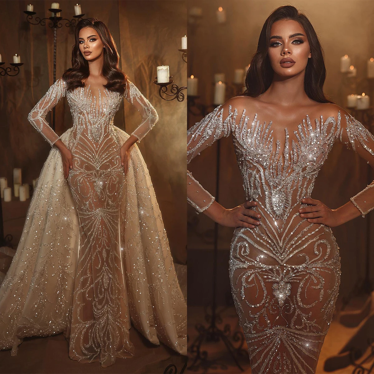 

Sexy Mermaid Wedding Dresses Exquisite Sequins Appliques Pearls Detachable Train Back Bridal Custom Made Robe De Mariée