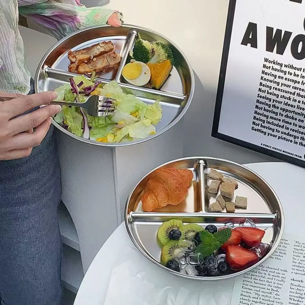 304 Stainless Steel Portion Control Plates Round Reusable Divided Plates 9" inch Salad Barbecue Plate for Adults Kids