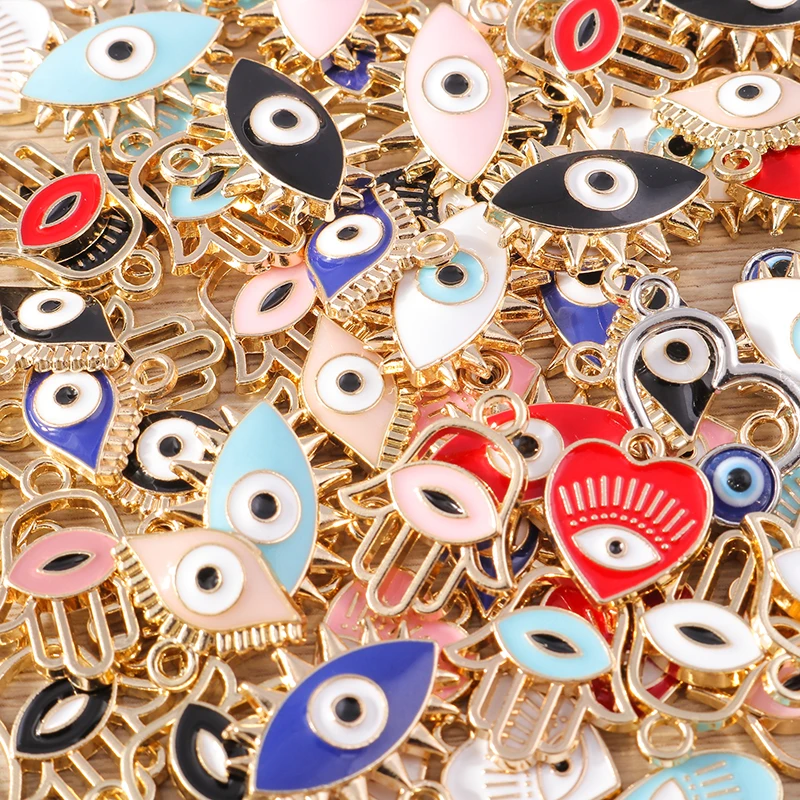 PANGDUO Evil Eye Charms for Jewelry Making,6 Colors Transparency Ink Round Gold Plated Alloy Charms for Bracelets Necklace Earrings Keychains DIY