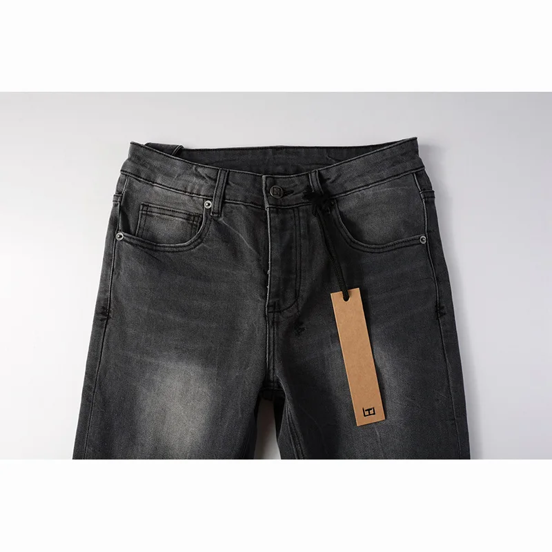 Men's Black Gray Skinny Original Quality Button Fly Ripped Jeans