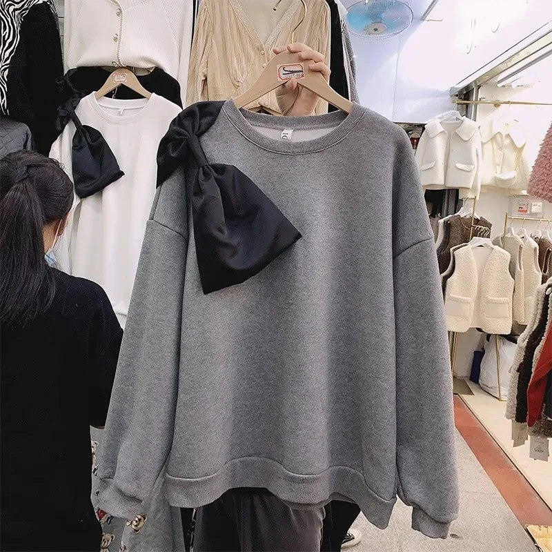 New Velvet Bowknot Sweater Autumn and Winter Women's Round Neck Pullover Loose Solid Color Fashion Blouse Korean Version Y2k