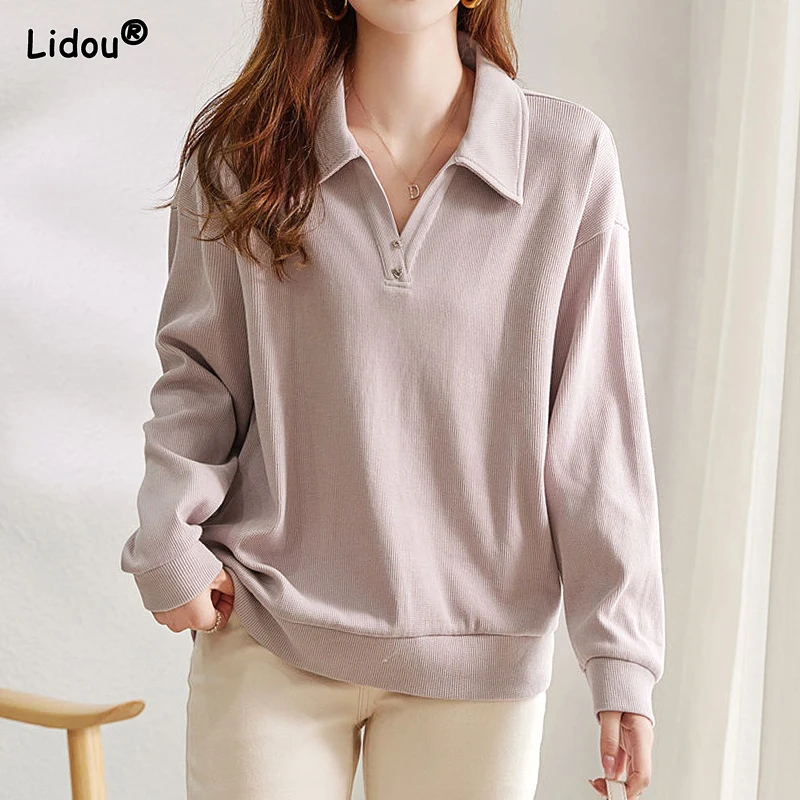 2023 New Korean Version Fashion Minimalist Polo Collar Solid Color Casual Loose Oversize Long Sleeved Women's Hoodie Trend
