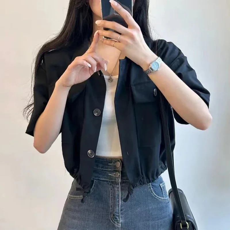 Jacket Women T-shirt Short Coat Thin Chic Versatile Lapel Single-Breasted Waist Hugging Slimming Casual Design Short Sleeve Top
