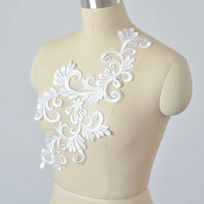 Elfenbein weiße Stickerei Spitze Blumen Applique, DIY Schleier, Handgemachte Materialien, Brautkleid Dekoration Zubehör, 1 Paar, 2 Stück – Detail 6