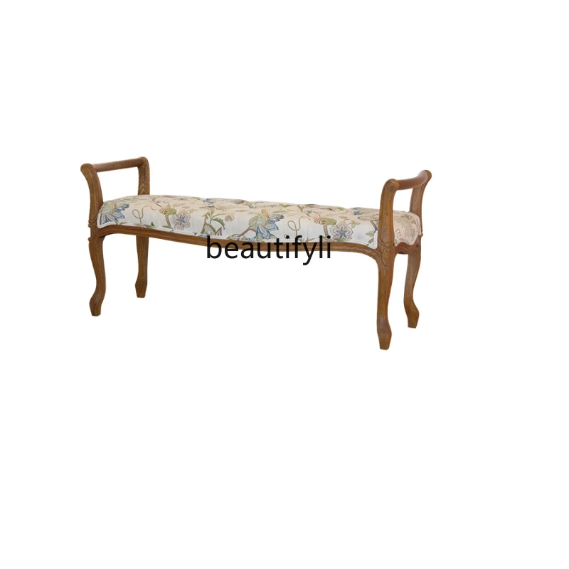 

American Country Fabric Bed End Stool Retro Idyllic Solid Wood Carved Pattern Shoe Changing Stool Bed & Breakfast Bedroom