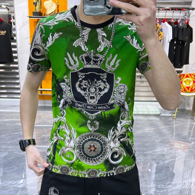 

2023 Summer Short Sleeve Vintage Tiger Print T Shirt Casual T-Shirt Ice Silk Breathable O-neck Tops Tees Men Clothing Green