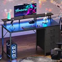 Desk with Drawers, 46" Gaming Desk with LED Lights, Computer table Small Office table with Outlets 1