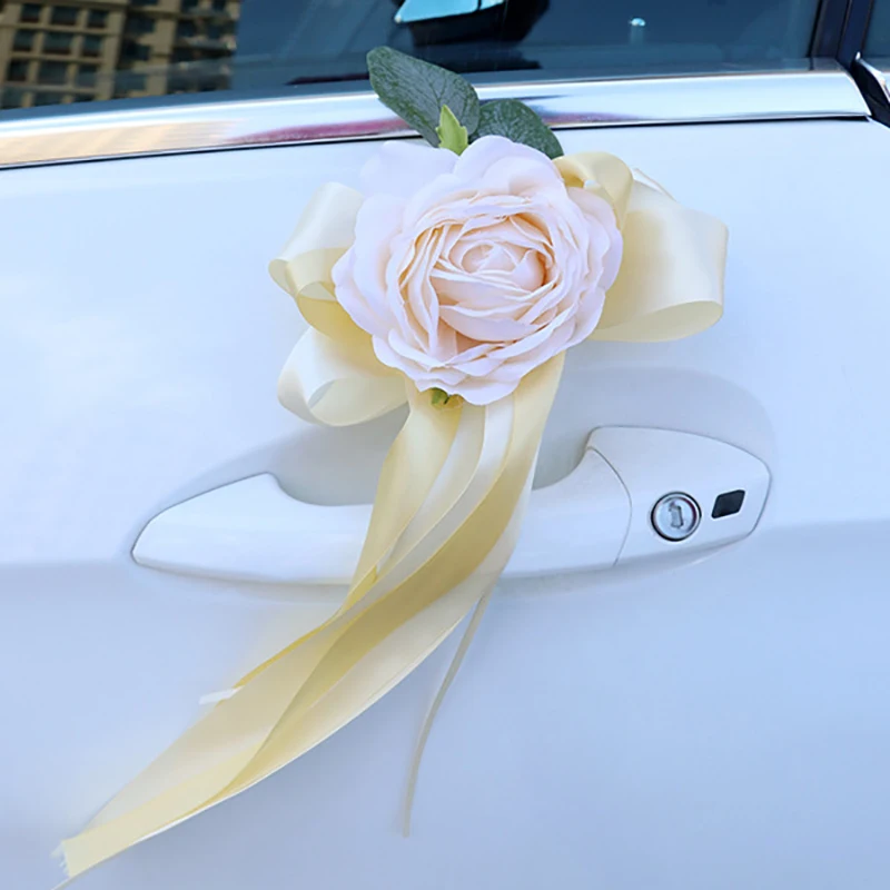 6 Fiori Finti Bianchi Per Auto Da Sposa Con Fiocco In Raso - Addobbi Per Maniglie E Specchietti, Decorazioni Eleganti Per Matrimonio, Addio Al Nubilato E Feste - 6