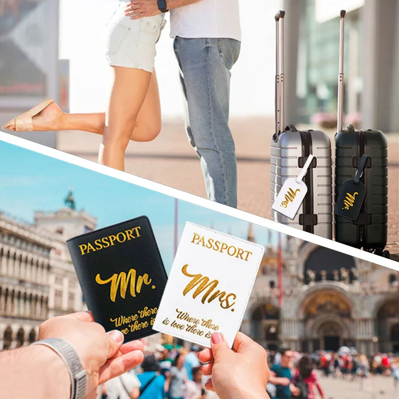 PU Leather Black and White Couple Travel Baggage Tags Passport Cover Mr Mrs Gift Passport Holder Luggage Tag Set Portable Label