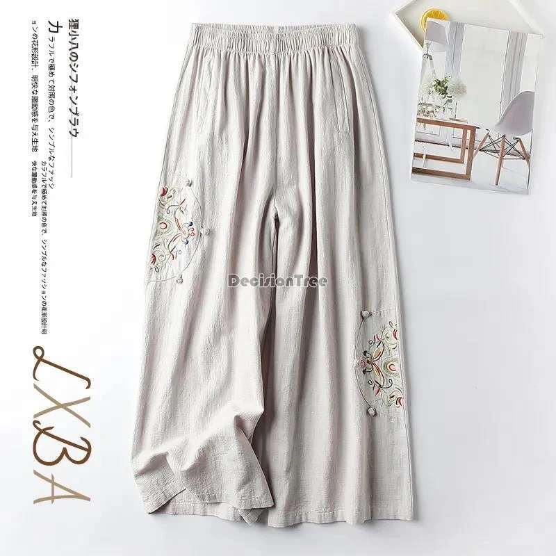 Cotton Monk Pants Summer Daily Loose Pants Fashion Chinese Design Embroidery High Waisted Wide Leg Trousers