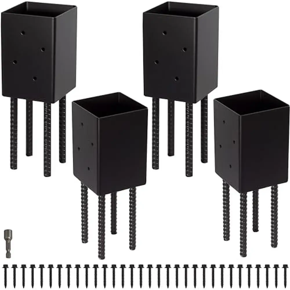 4x4 Post Base Holder Ground Spike Brackets Metal Powder Coated Use Concrete Deck Anchor 4" x 4" Dia Strong Fixation Under Floor