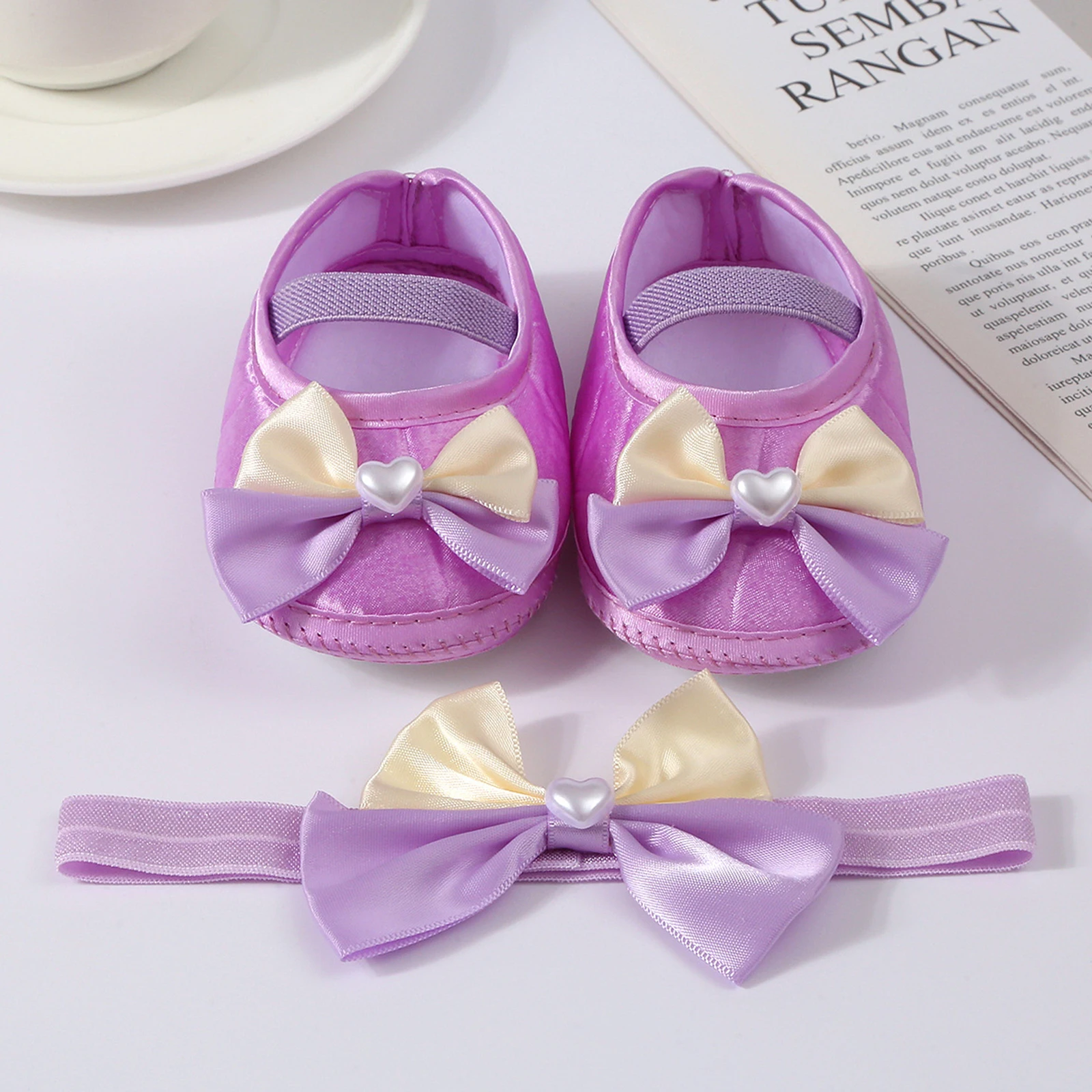 Baby Girls Baptism Shoes and Headband Cute Heart Pearl Bowknot Flats Crib Shoes and Hairband Set for Infants Toddlers