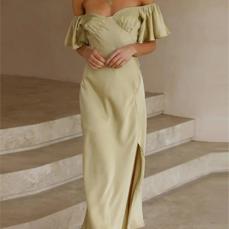 

Sexy Women's Solid Satin Short Sleeve One Line Neck Pleated Dress 2023 Elegant Women's Fashion Off Shoulder Split Dress Vestidos
