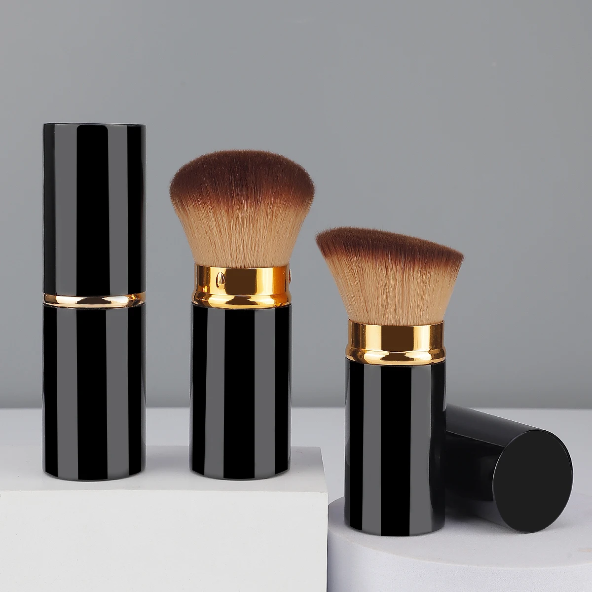 Retractable Powder Foundation and Blush Makeup Brush with Metal Handle