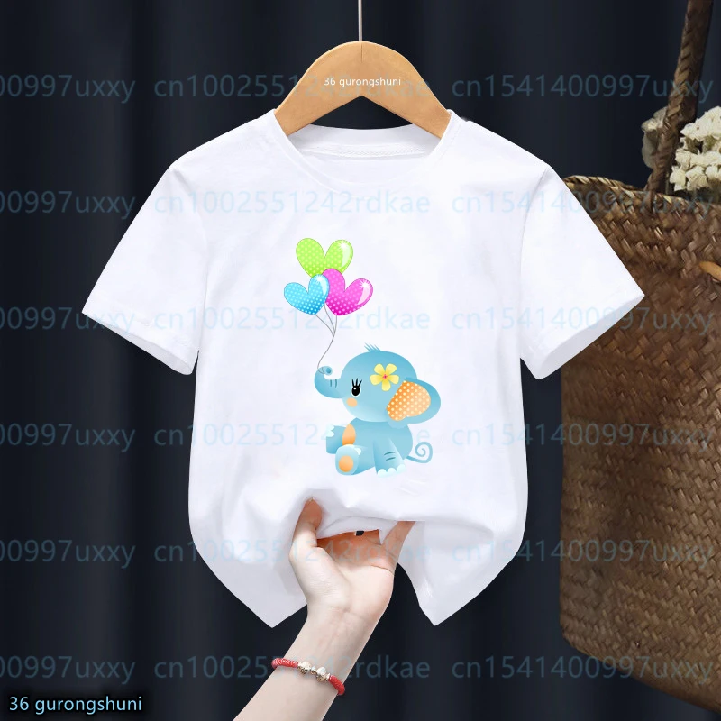 

Novelty design Girls T-Shirts Funny Elephant Holding Balloon Cartoon Print Tshirt Cute Kids White Short Sleeved Top Dropshipping