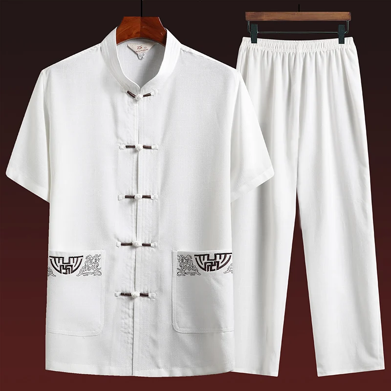 Cotton and Linen (top + Pants) Elderly Men Gold Silk Pan Buckle Pocket Embroidered Tang Dress Han Dress Lay Tai Chi Suit Set 4