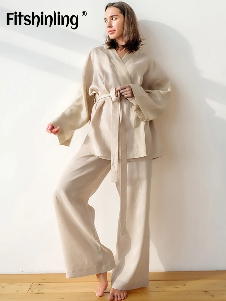 

Fitshinling Cotton Nightwear Solid Cardigan Long Sleeve Casual Women's Home Clothes Loungewear Trousers Summer Belt Set 2 Pieces