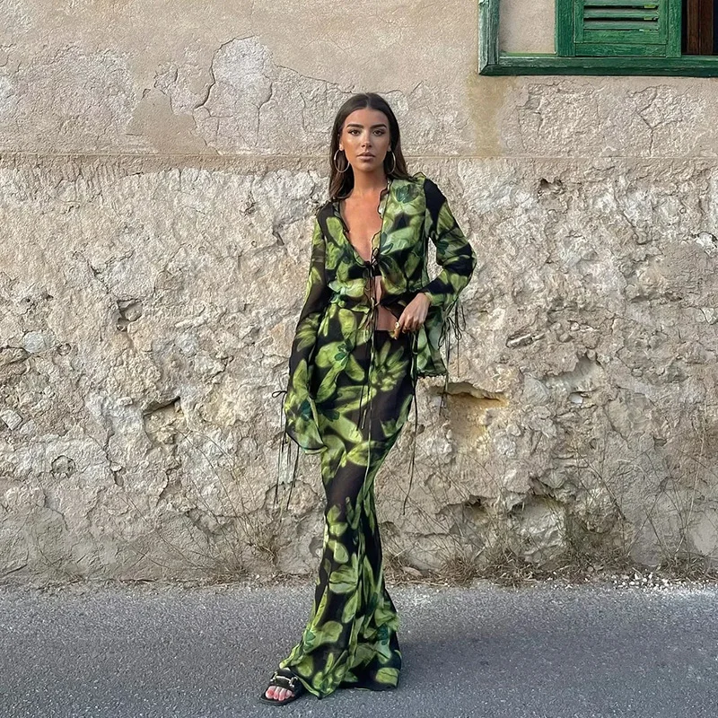 

MosiMolly 2 Pcs Sets Dress Women Chic Print Bandage Blouses+skirt Sets Boho Beach Maxi Dress Ruffle Dress Female Vestidos