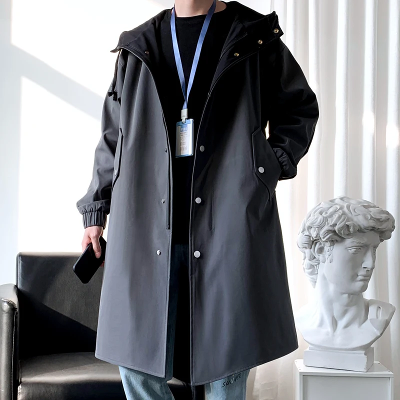 Trench Men Fashion Turn Down Collar Hooded Trenchcoat Autumn Single-breasted Loose Windbreaker Casual Overcoat Fake Two Piece trench coat warmth coat waterproof windbreaker jacket casual men jacket