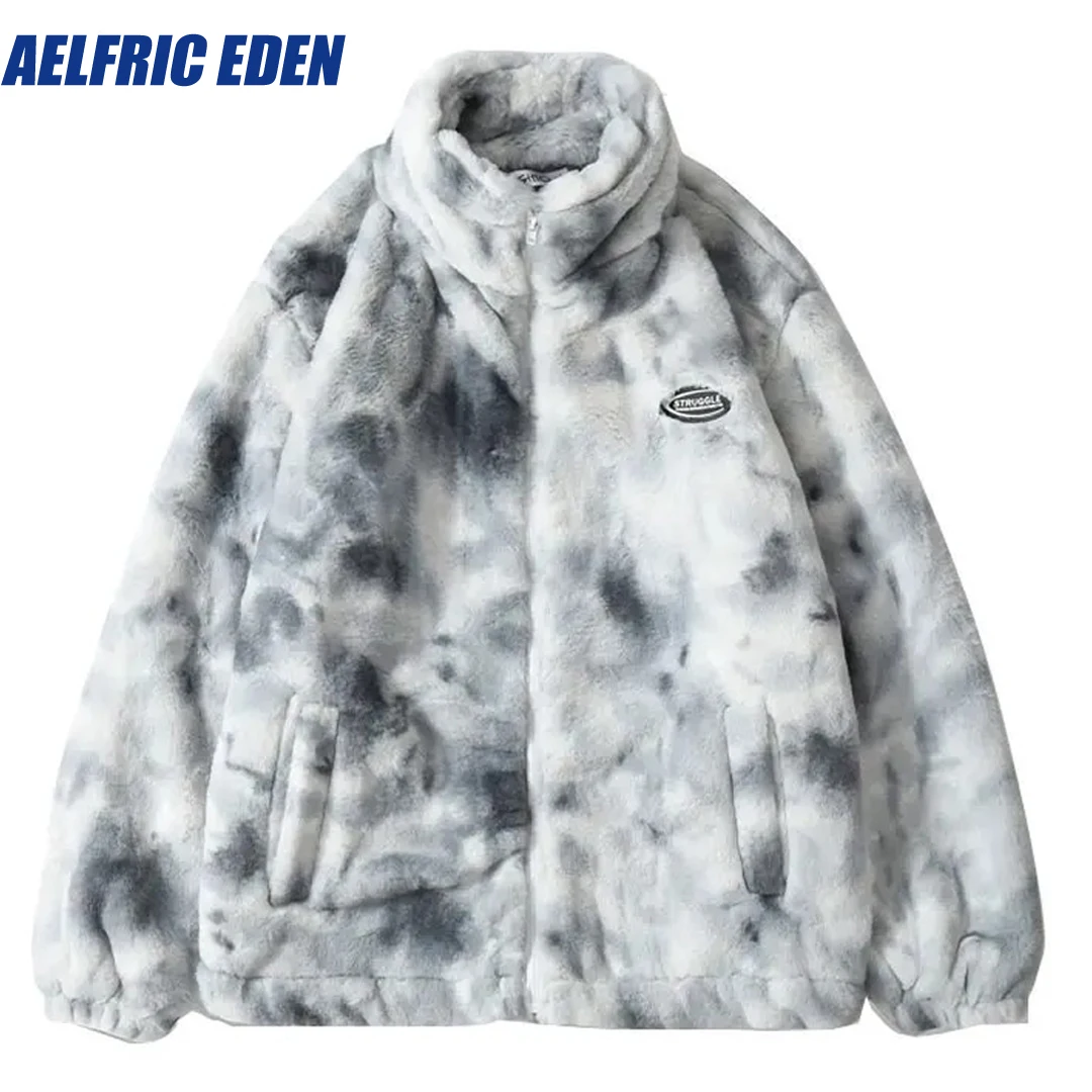 

Aelfric Eden Faux Fur Fleece Jacket Streetwear Men Hip Hop Winter Harajuku Tie Dye Heart Fuzzy Jackets Warm Casual Zipper Coats