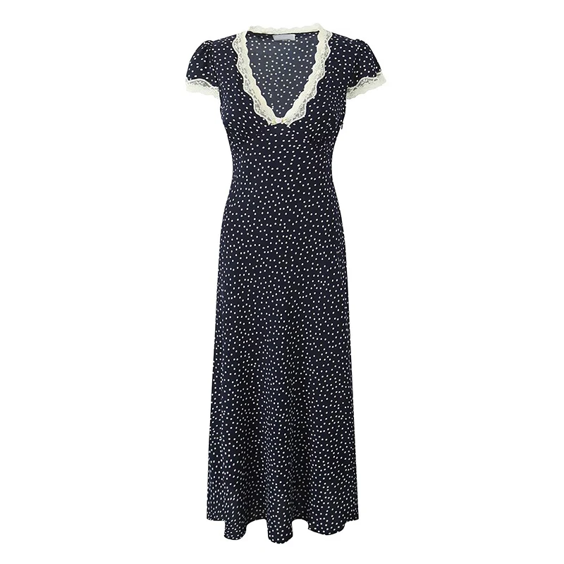 YENKYE 2025 Women Navy Blue Polka Dot Long Dress Lace Trim V Neck Short Sleeve A-line Elegant Holiday Dresses Summe Maxi Robe 1