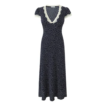 YENKYE 2025 Women Navy Blue Polka Dot Long Dress Lace Trim V Neck Short Sleeve A-line Elegant Holiday Dresses Summe Maxi Robe 1