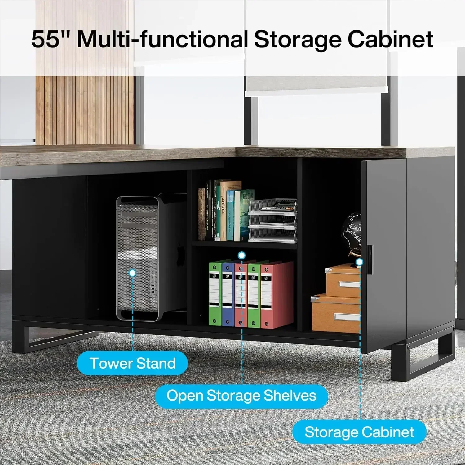 NEW-70.8" Executive Desk with 55" File Cabinet, Industrial L Shaped Computer Desk with Storage Shelves and Cabinet, Retro Gray&B