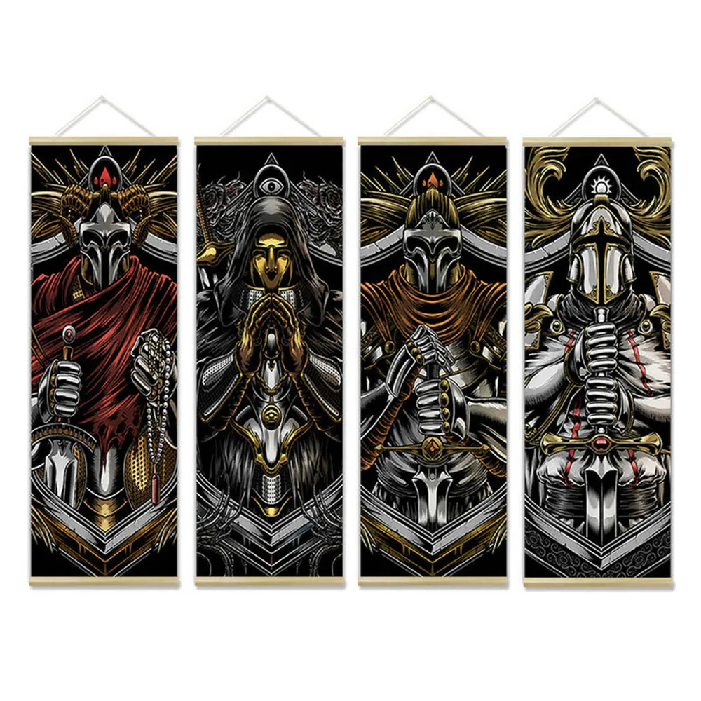 Cavalieri Templari Poster Wall Art Blindato Samurai Canvas Scroll Painting Solid Vintage Wood Hanging Pictures Murale Home Decor