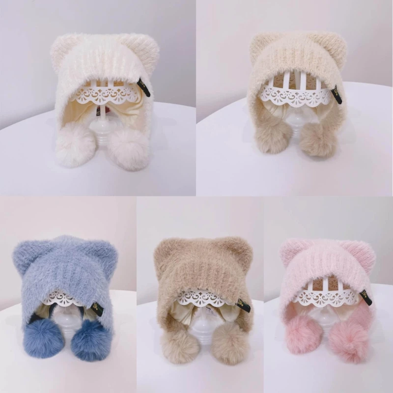 Winter Warm Plush Baby Hat Thicken Earflap Children Bonnet with Pompom Balls Solid Color Boy Girl Outdoor Beanie Cap