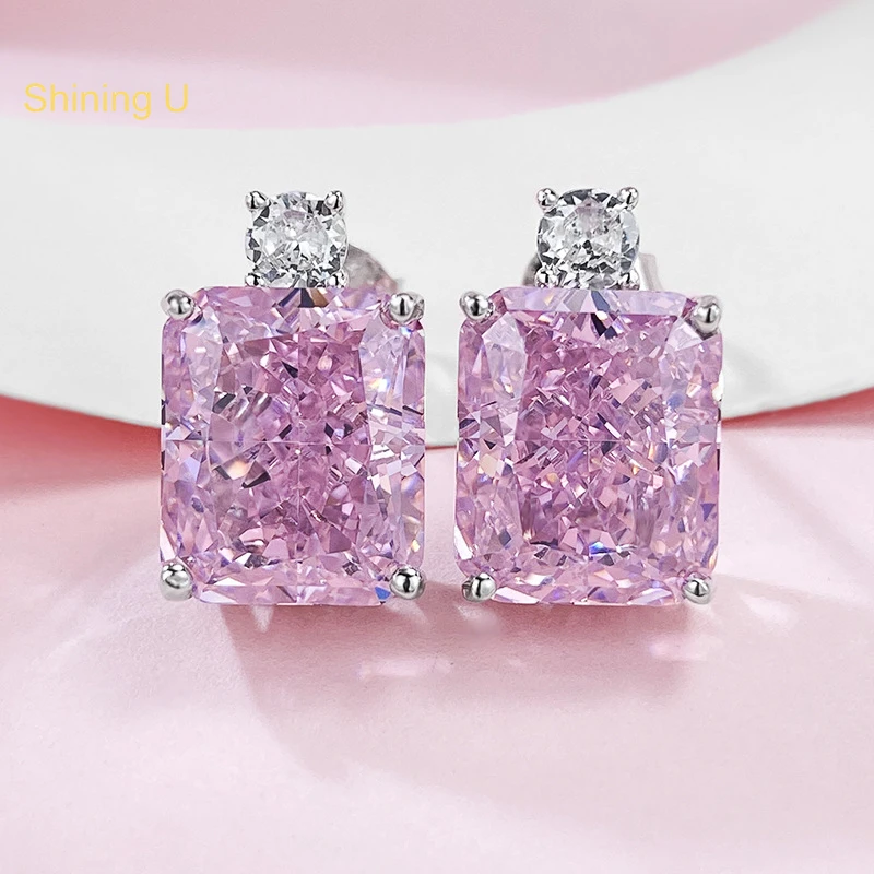 

Shining U S925 Silver High Carbon Diamond Pink Gems Stud Earrings for Women 10*12mm Fine Jewelry Gift SUE314