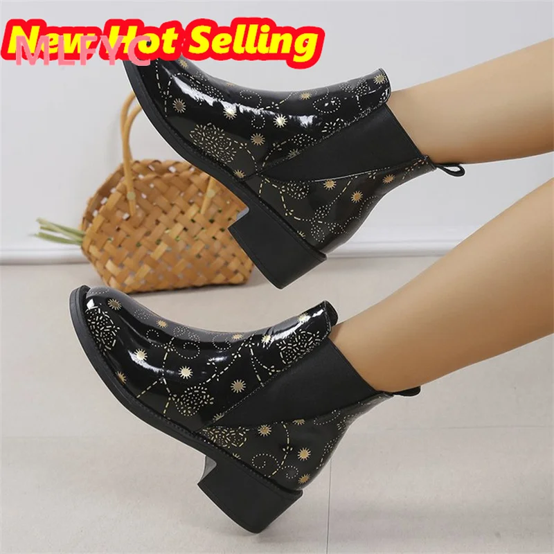 Women's Fashion Boots New Large Short Barrel Autumn/Winter European Round Toe Patent Leather Single Boot Thick Heels