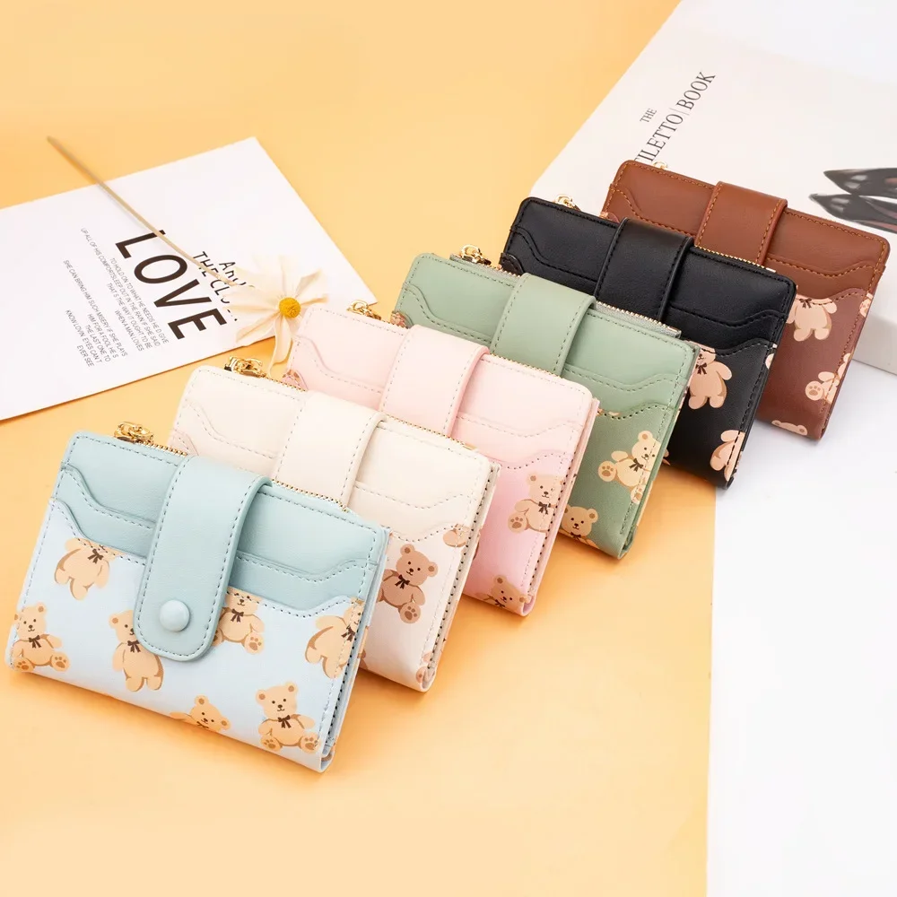 Women Short Wallets PU Leather Female Bifold Purses Cute Bear Card Holder Wallet for Girl Small Zipper Wallet with Coin Purse 4