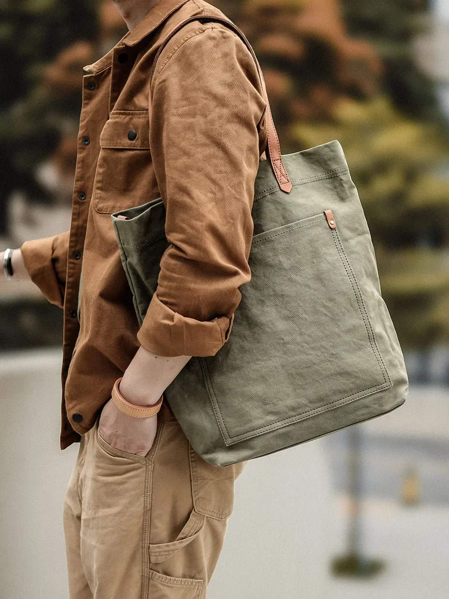 

Shoulder Tote Top Bag Retro Layer Leather Genuine Men 16oz Canvas With