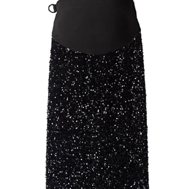 Autumn Winter Pregnant Women's Skirt Slim Hips Maternity Velvet Sequin Skirts Black Pregnancy Straight Long Skirt Party Clothes